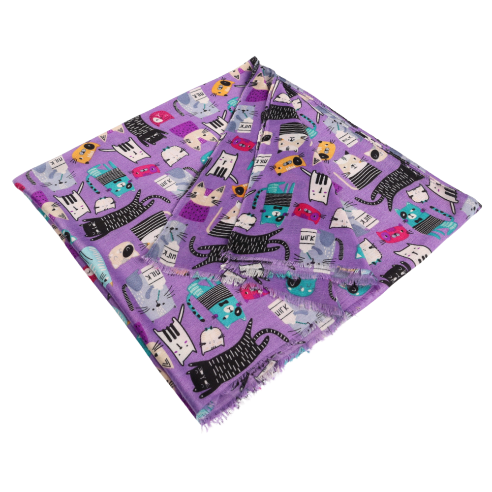 Schultertuch mit Katzenmotiv in Violett – Nikko (1)