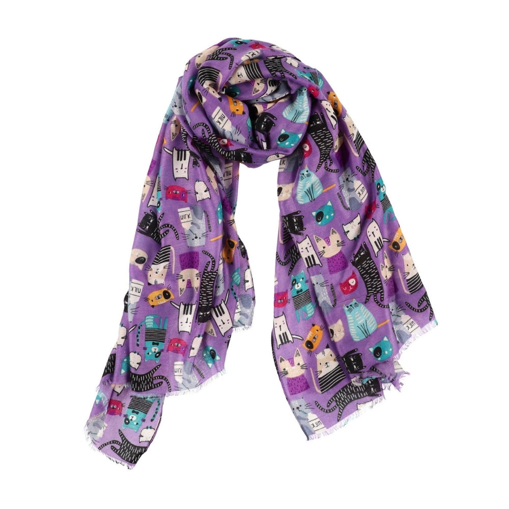 Schultertuch mit Katzenmotiv in Violett – Nikko (4)