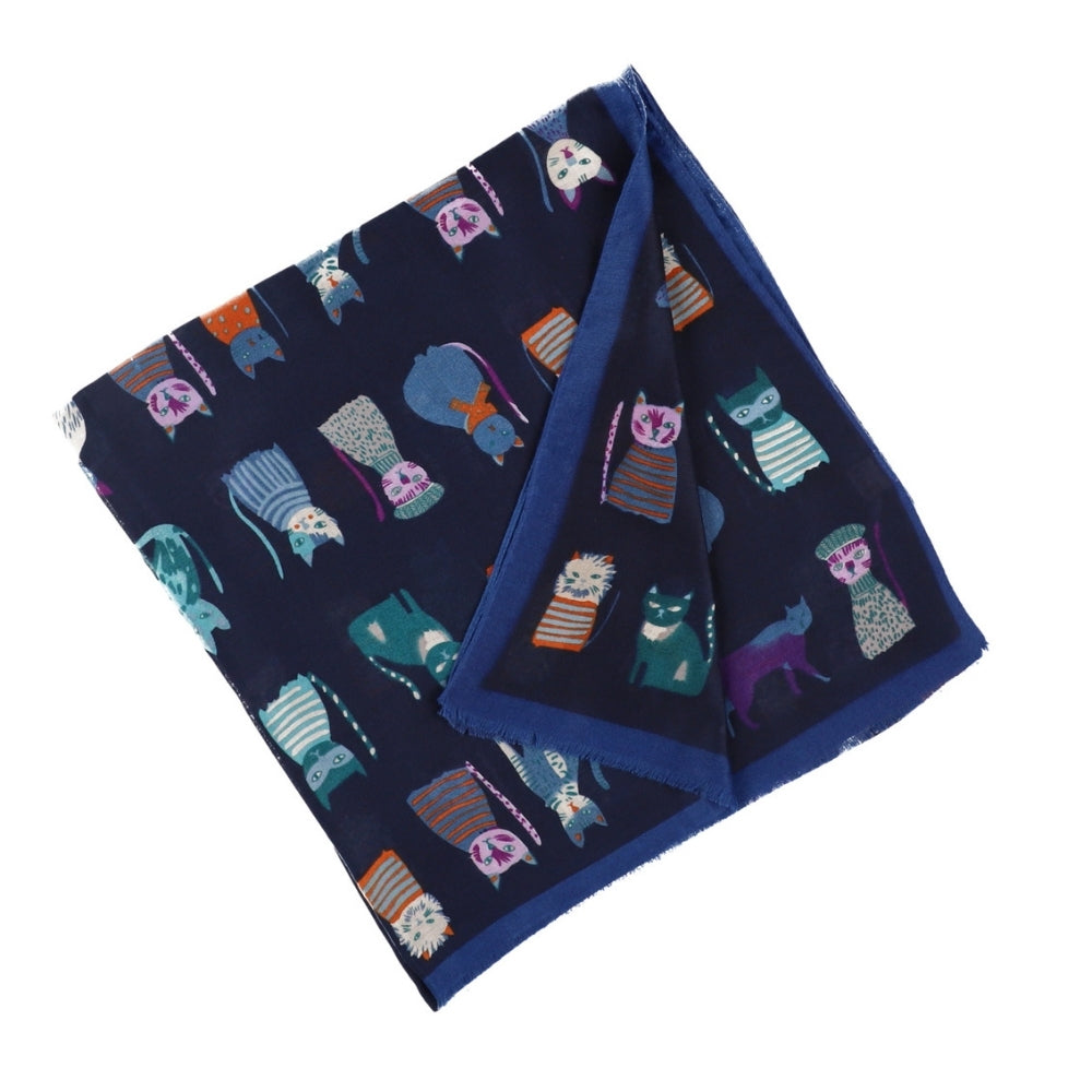 Weicher langer Schal mit Katzenmotiv in Blau – Nikko (4)